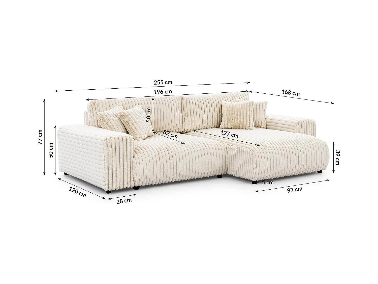 Mollis - Ecksofa mit Schlaffunktion und Bettkasten aus Hellbeige Plüschcord mit schöner Sitzkomfort