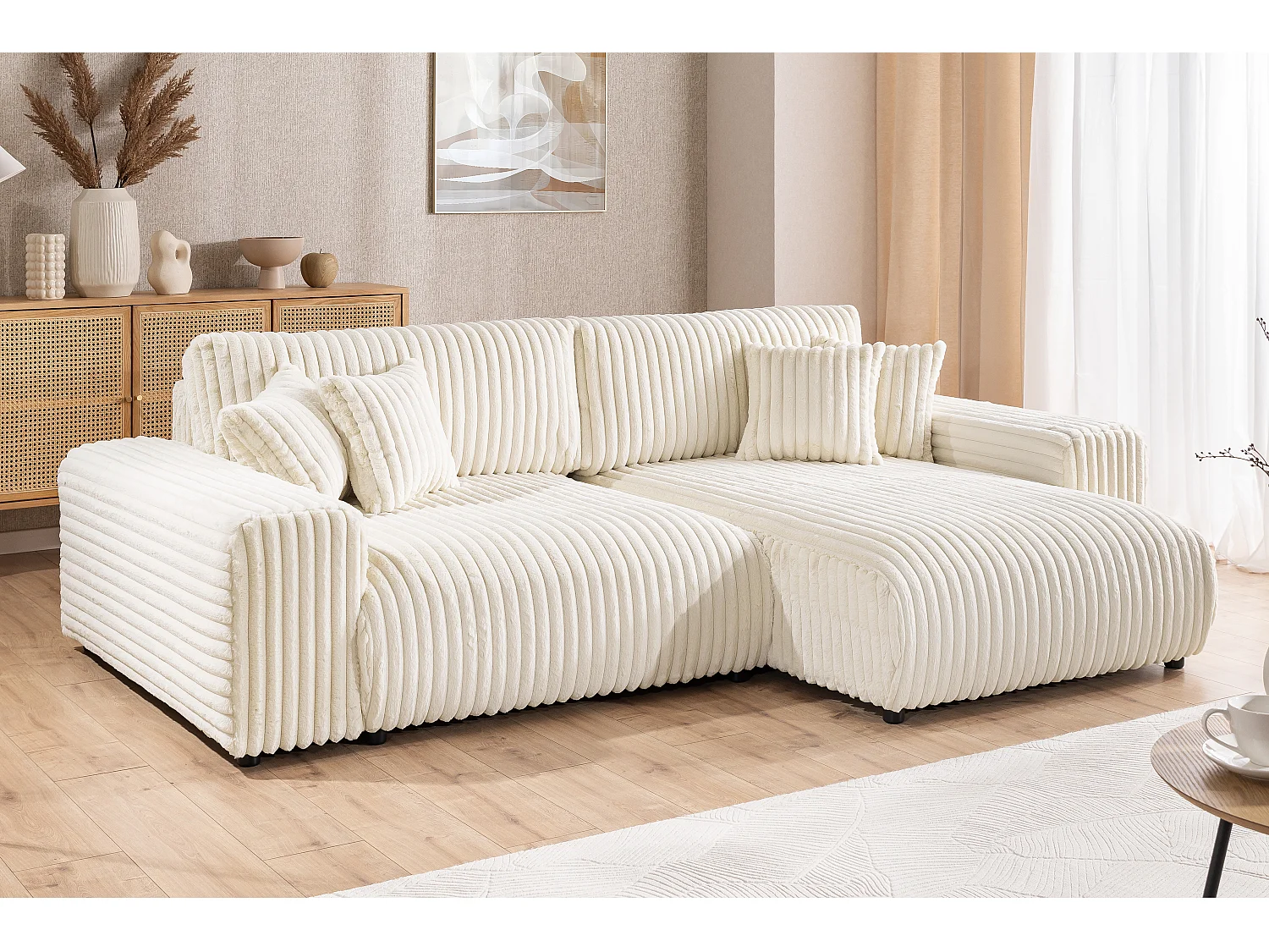 Mollis - Ecksofa mit Schlaffunktion und Bettkasten aus Hellbeige Plüschcord mit schöner Sitzkomfort