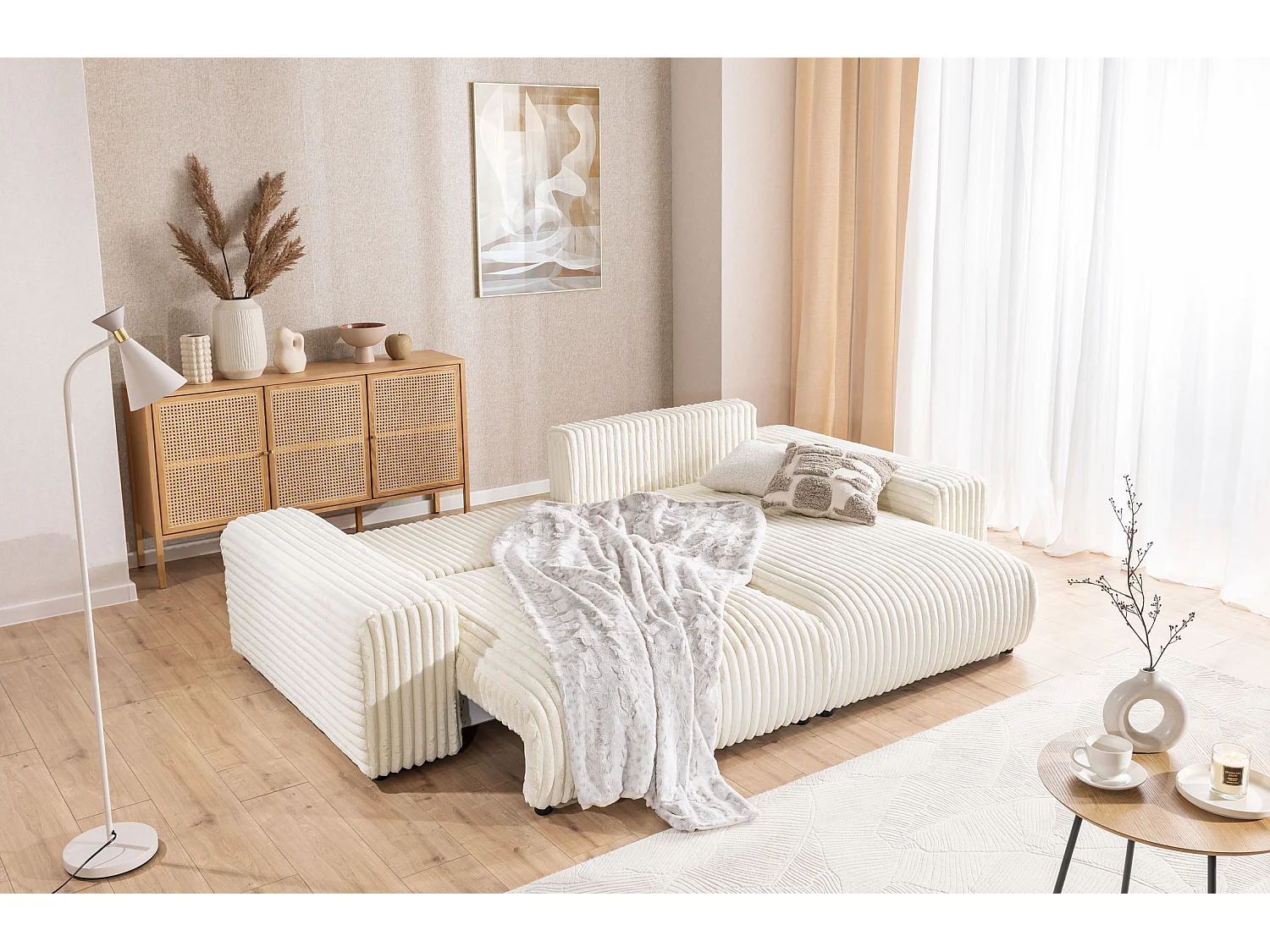 Mollis - Ecksofa mit Schlaffunktion und Bettkasten aus Hellbeige Plüschcord mit schöner Sitzkomfort