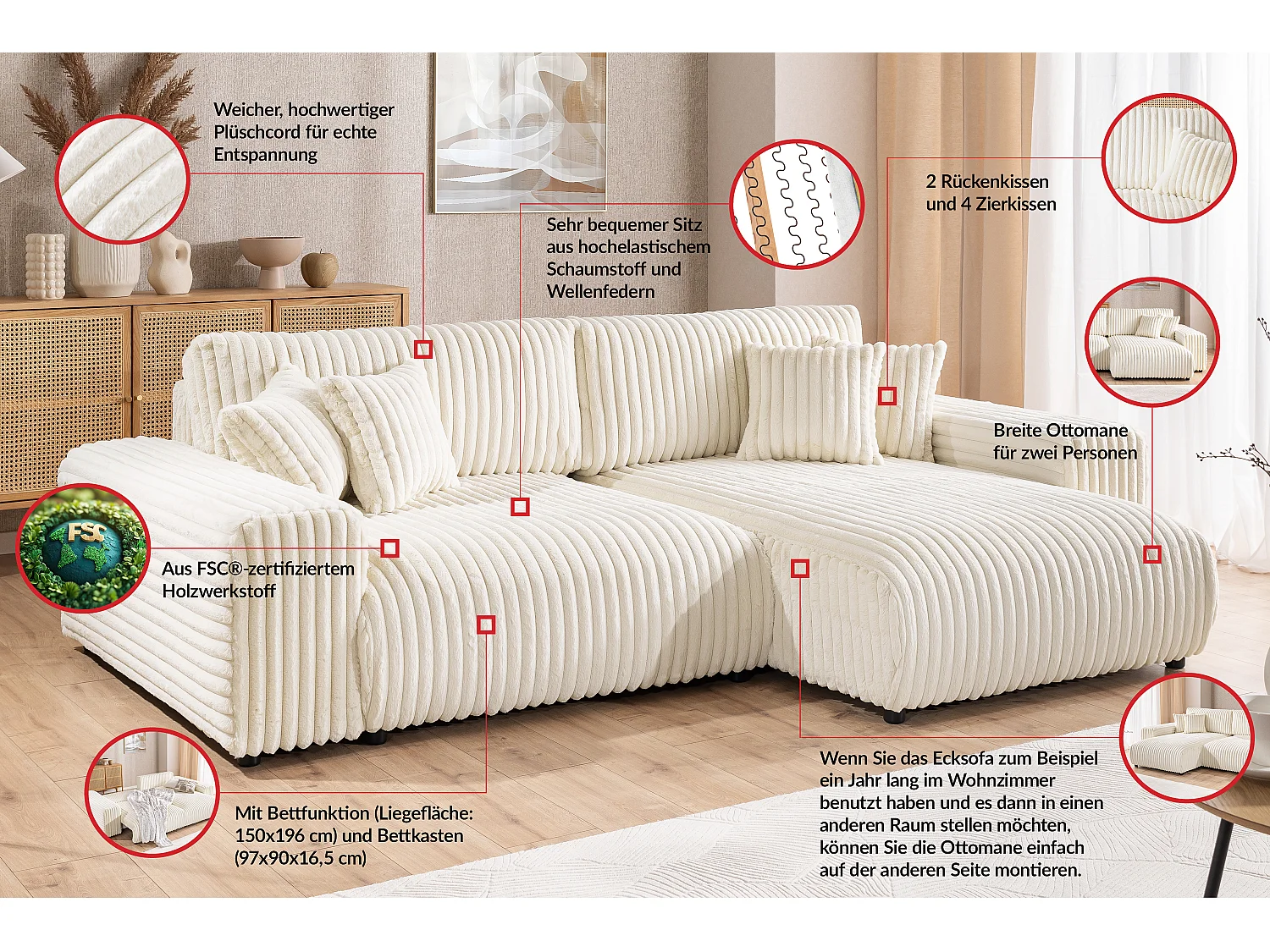 Mollis - Ecksofa mit Schlaffunktion und Bettkasten aus Hellbeige Plüschcord mit schöner Sitzkomfort