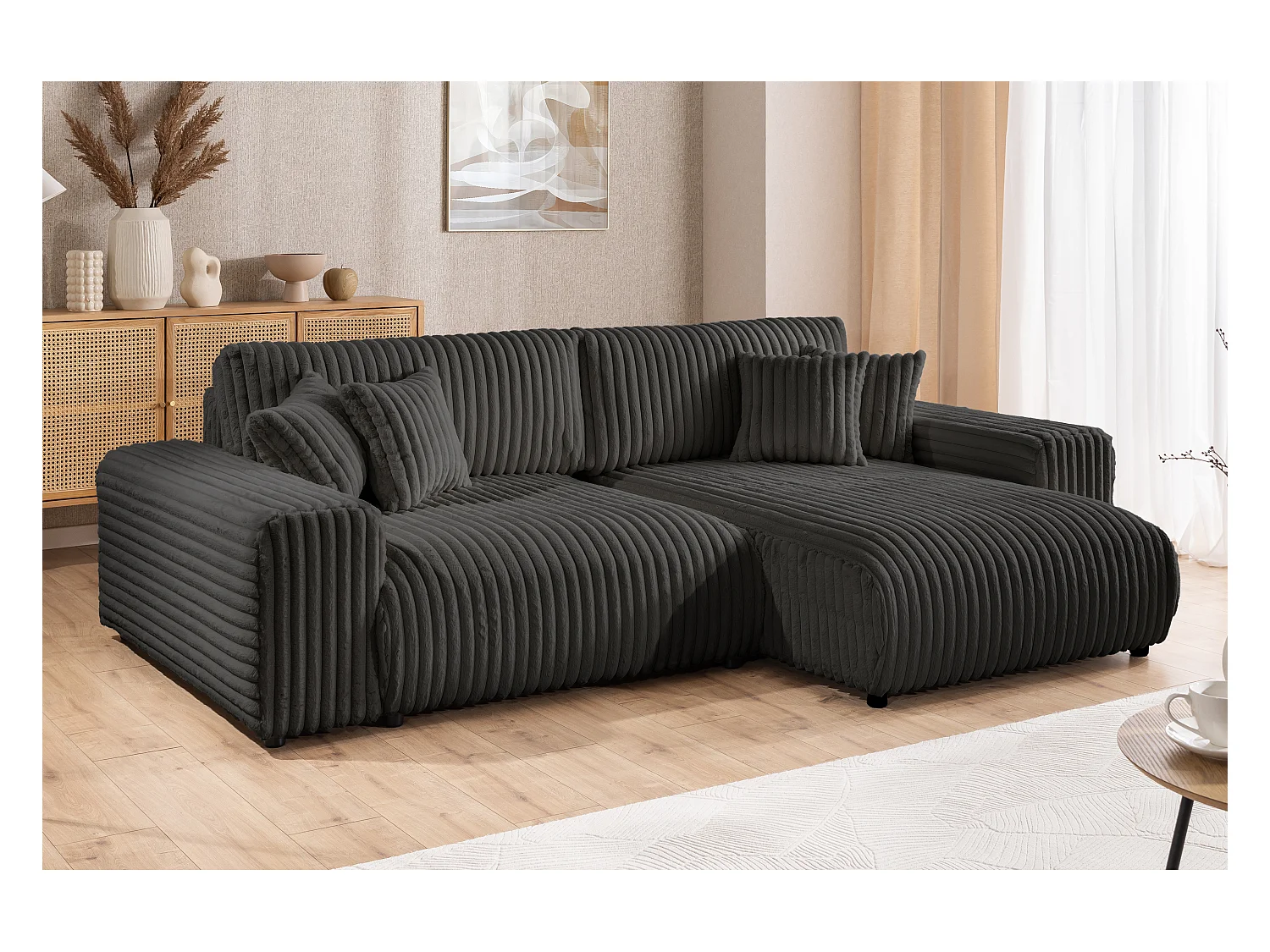 Mollis - Ecksofa mit Schlaffunktion und Bettkasten aus Dunkelgrau Plüschcord mit schöner Sitzkomfort