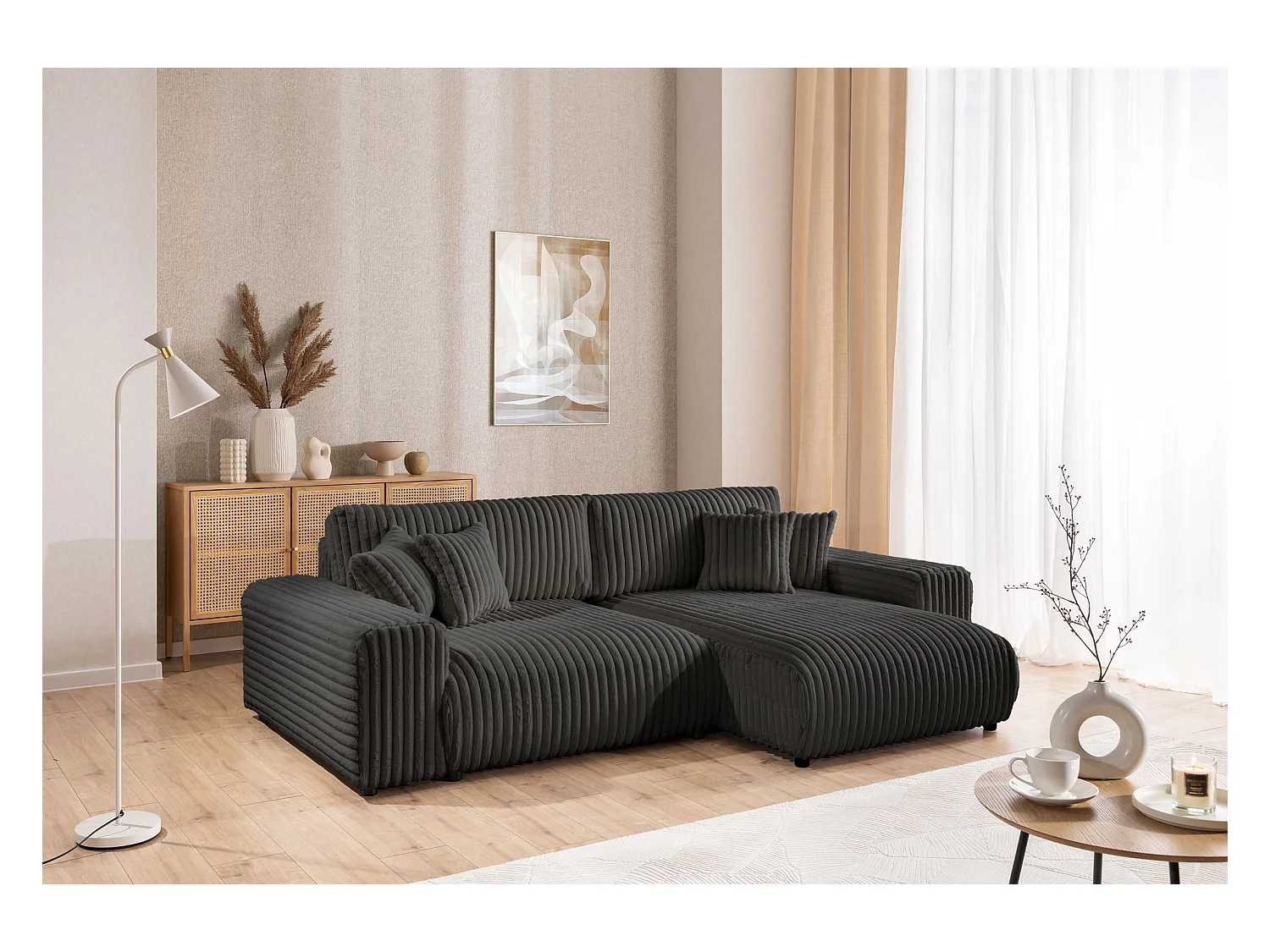 Mollis - Ecksofa mit Schlaffunktion und Bettkasten aus Dunkelgrau Plüschcord mit schöner Sitzkomfort