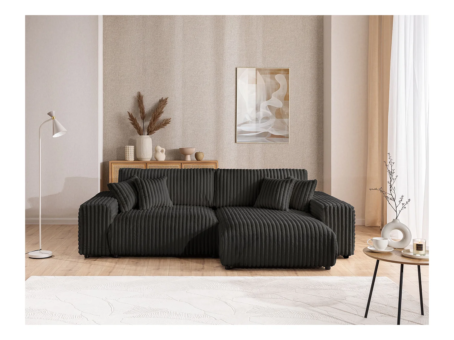 Mollis - Ecksofa mit Schlaffunktion und Bettkasten aus Dunkelgrau Plüschcord mit schöner Sitzkomfort