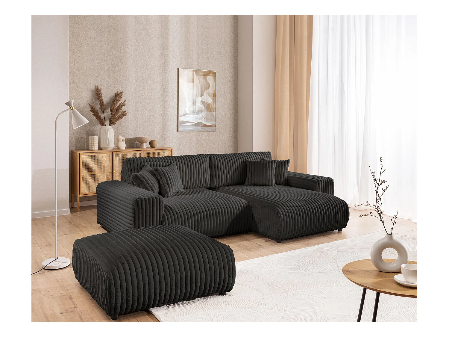 Mollis - Ecksofa mit Schlaffunktion und Bettkasten aus Dunkelgrau Plüschcord mit schöner Sitzkomfort