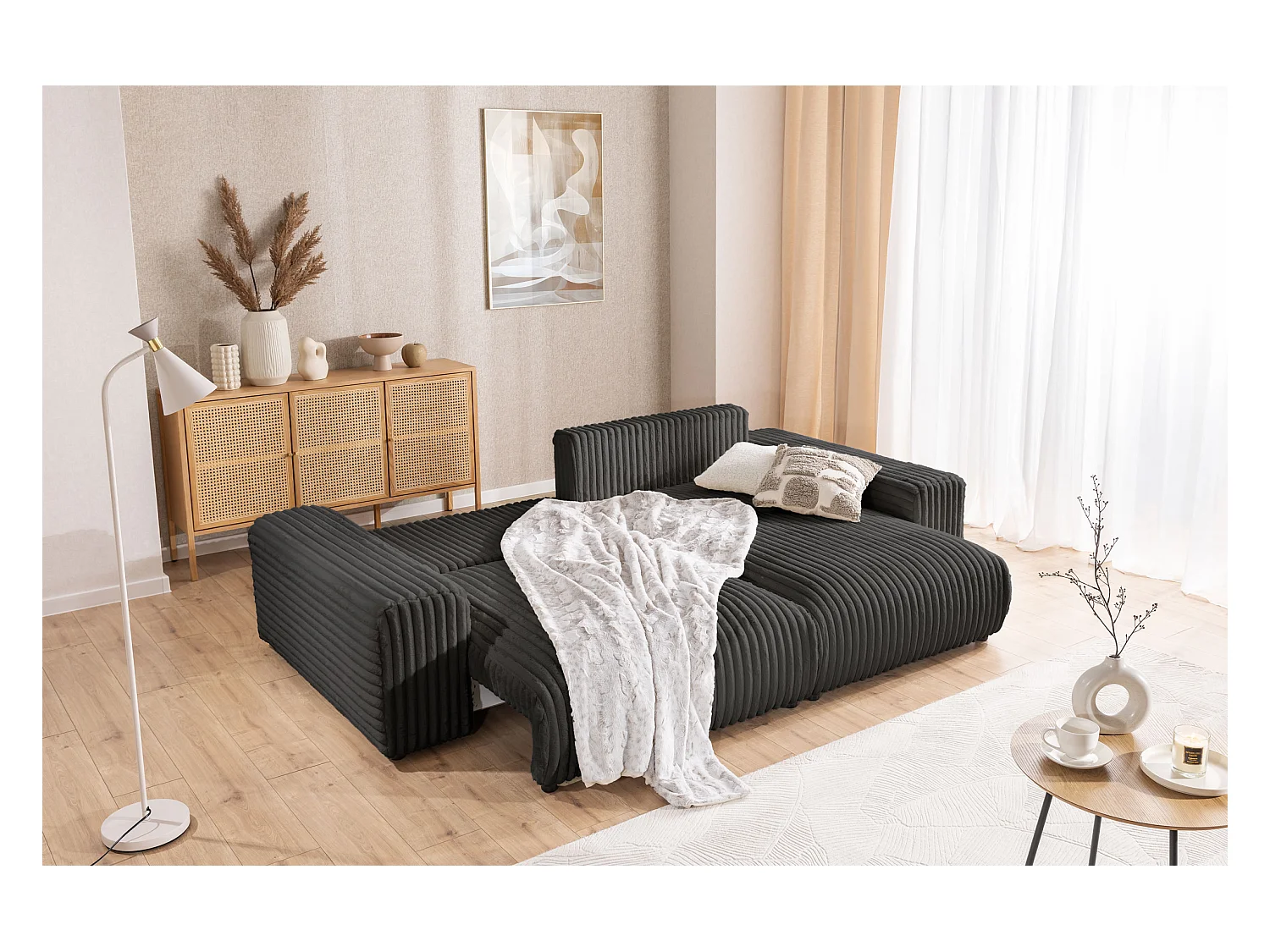 Mollis - Ecksofa mit Schlaffunktion und Bettkasten aus Dunkelgrau Plüschcord mit schöner Sitzkomfort