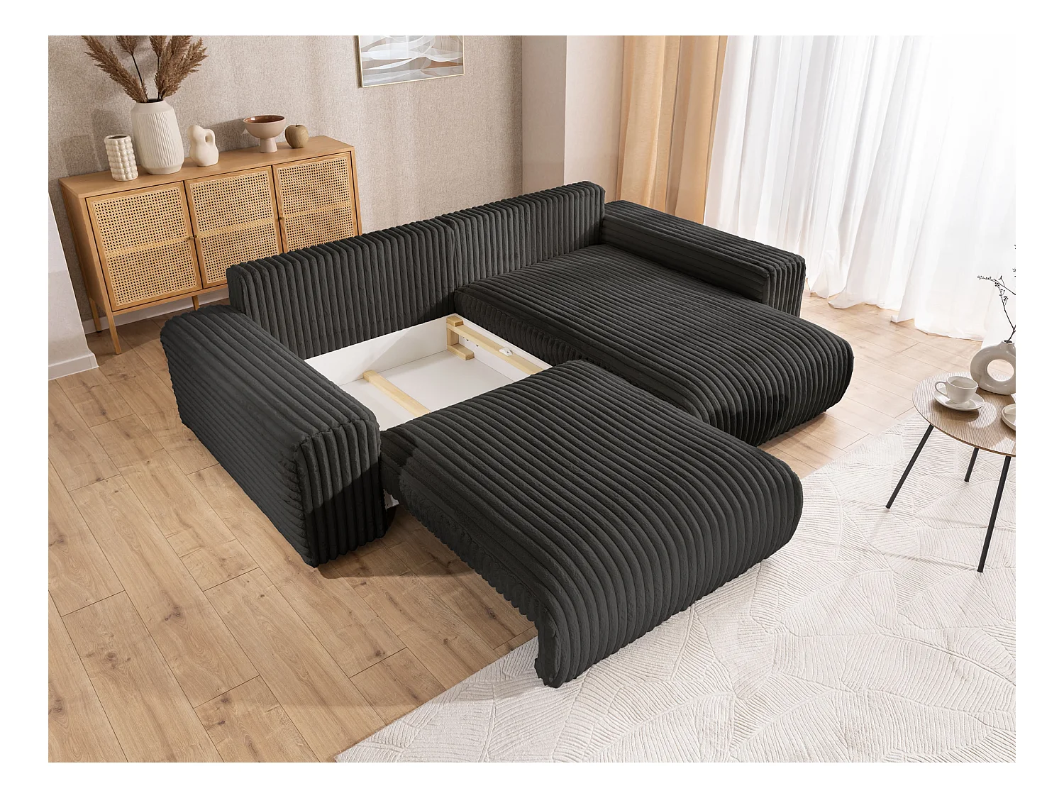 Mollis - Ecksofa mit Schlaffunktion und Bettkasten aus Dunkelgrau Plüschcord mit schöner Sitzkomfort