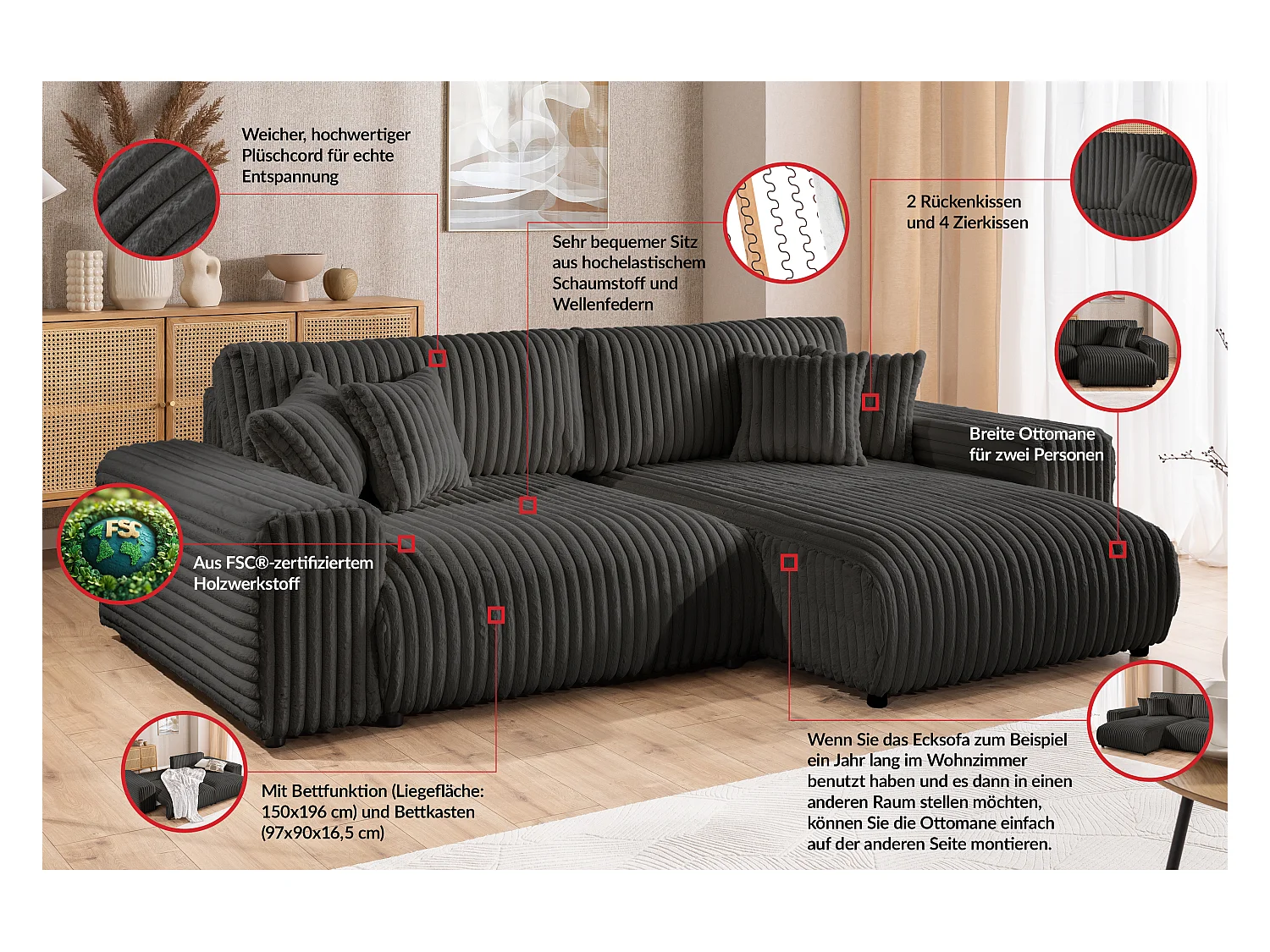 Mollis - Ecksofa mit Schlaffunktion und Bettkasten aus Dunkelgrau Plüschcord mit schöner Sitzkomfort