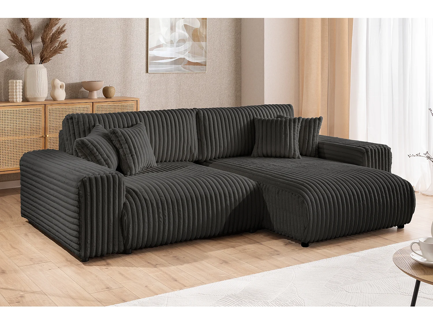 Mollis - Ecksofa mit Schlaffunktion und Bettkasten aus Dunkelgrau Plüschcord mit schöner Sitzkomfort