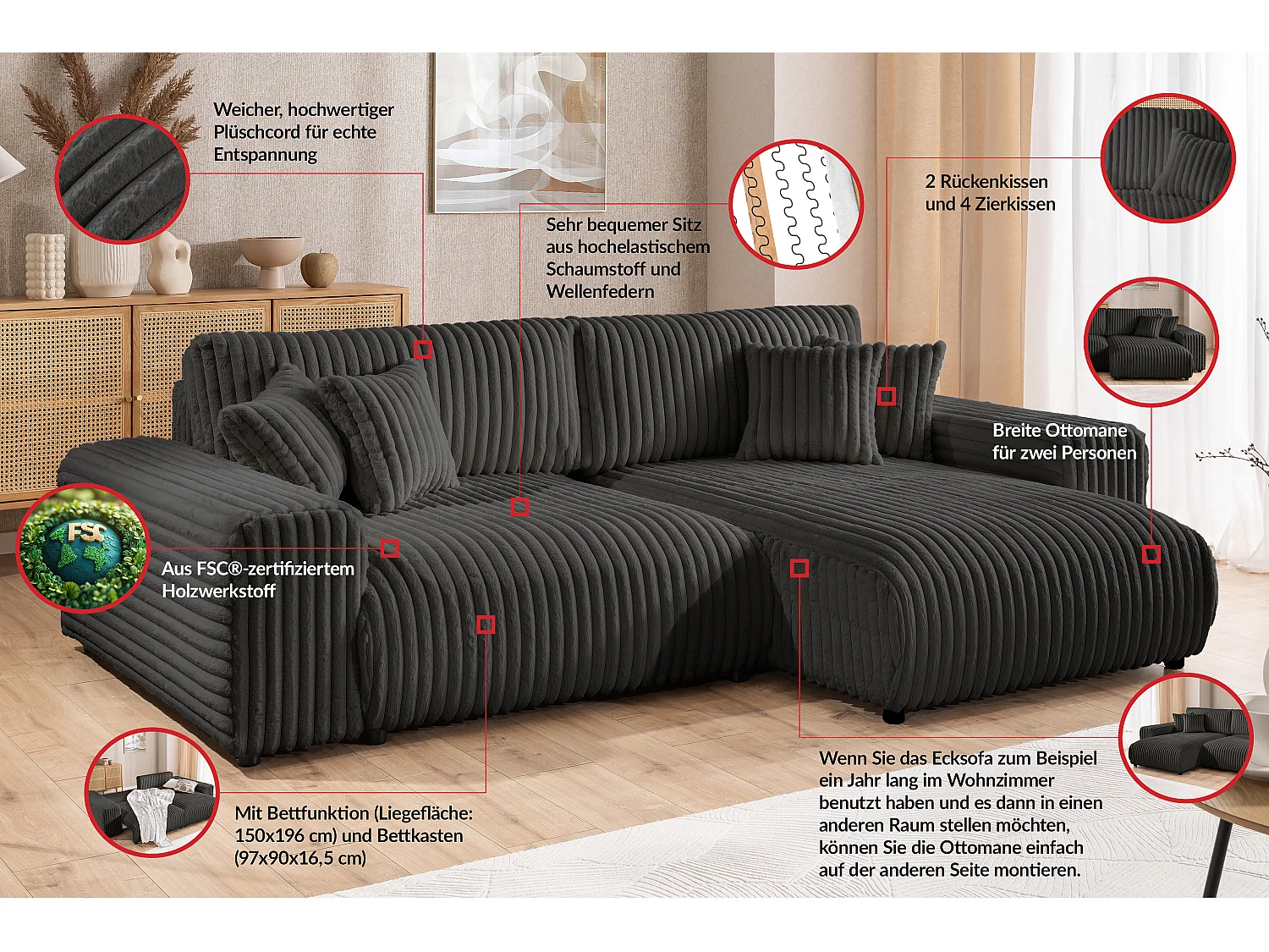 Mollis - Ecksofa mit Schlaffunktion und Bettkasten aus Dunkelgrau Plüschcord mit schöner Sitzkomfort