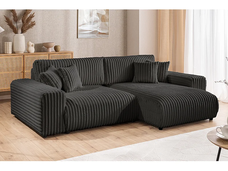 Mollis - Ecksofa mit Schlaffunktion und Bettkasten aus Dunkelgrau Plüschcord mit schöner Sitzkomfort