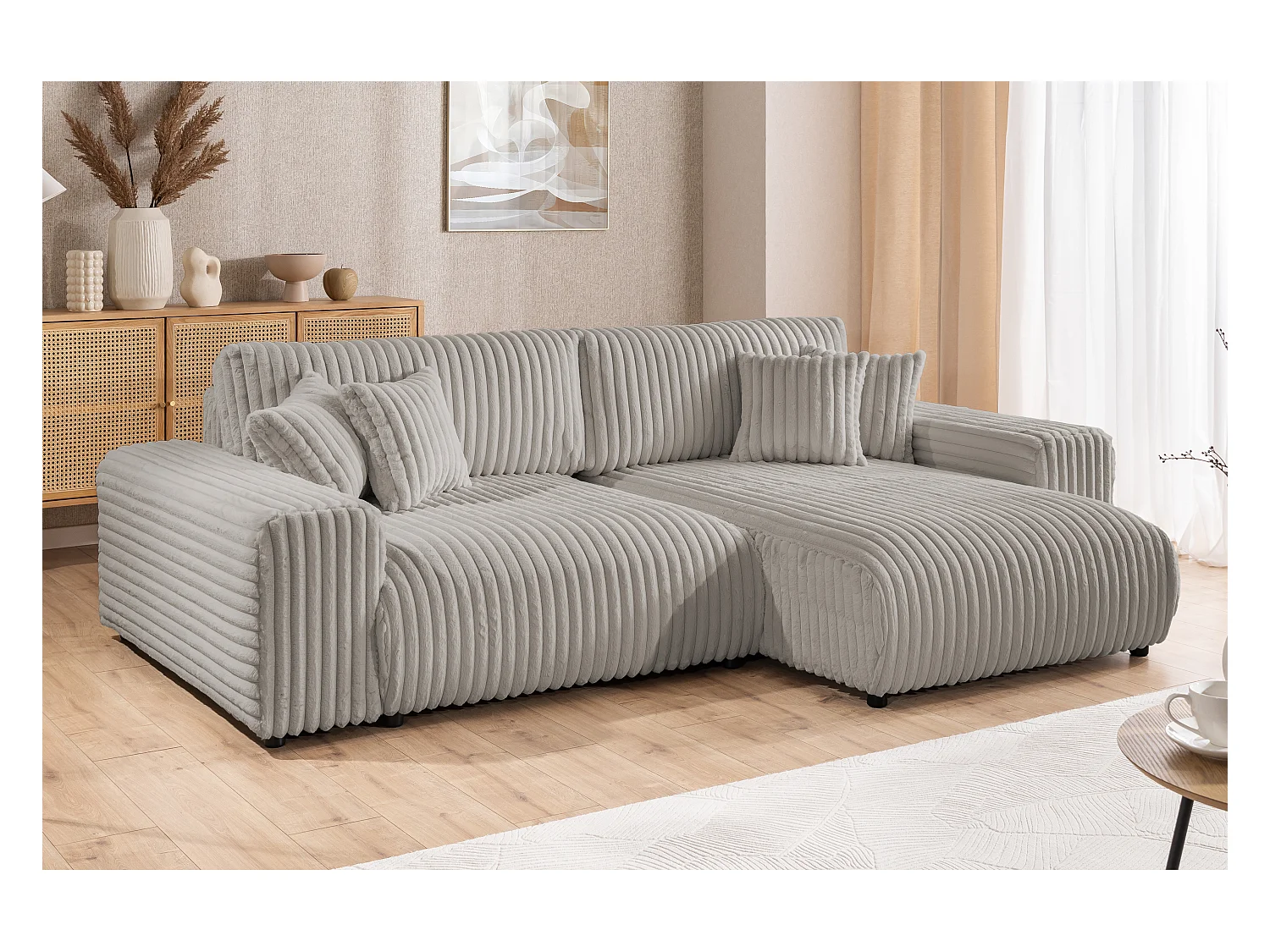 Mollis - Ecksofa mit Schlaffunktion und Bettkasten aus Hellgrau Plüschcord mit schöner Sitzkomfort