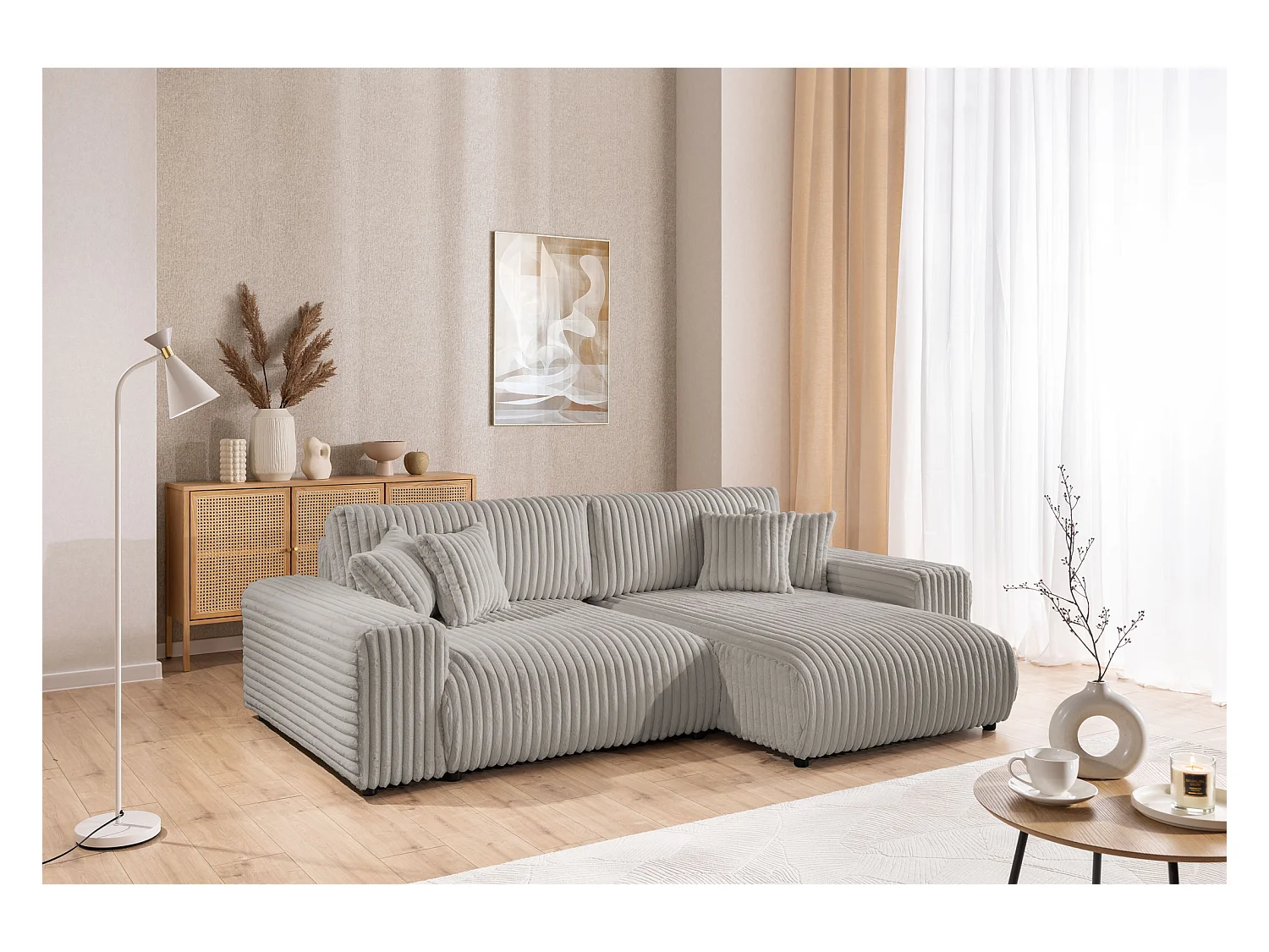 Mollis - Ecksofa mit Schlaffunktion und Bettkasten aus Hellgrau Plüschcord mit schöner Sitzkomfort