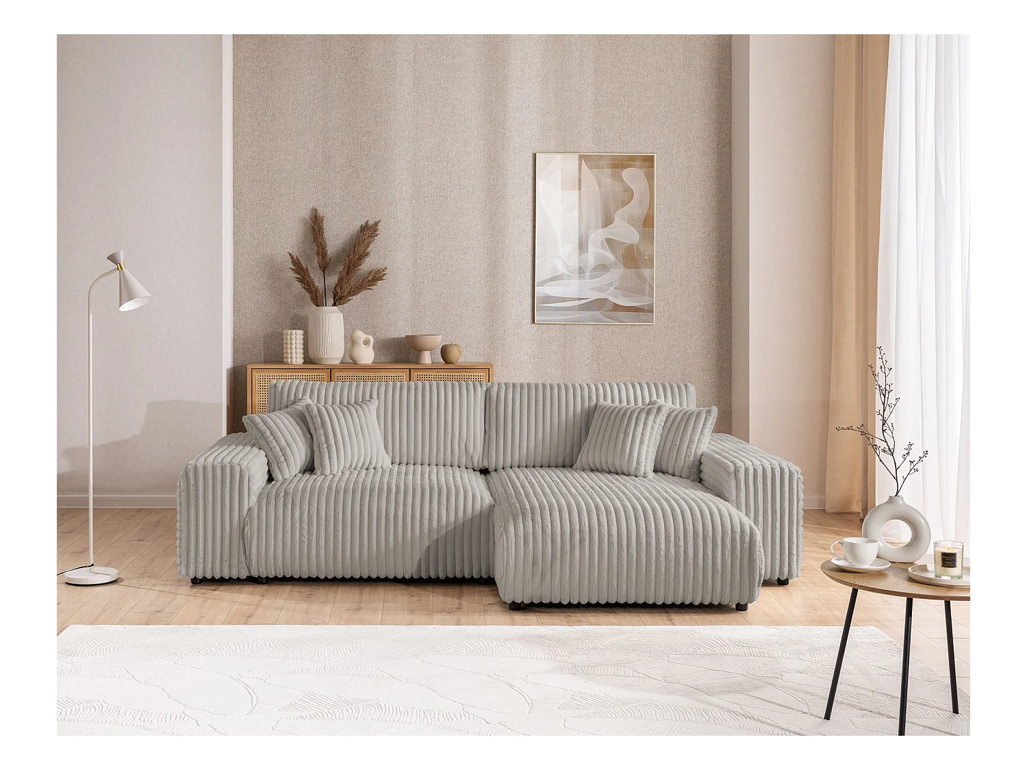 Mollis - Ecksofa mit Schlaffunktion und Bettkasten aus Hellgrau Plüschcord mit schöner Sitzkomfort