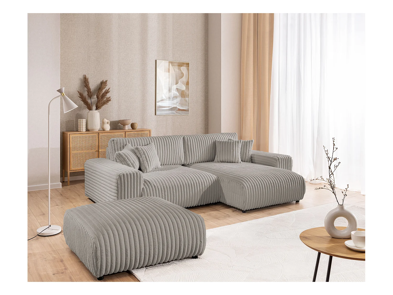 Mollis - Ecksofa mit Schlaffunktion und Bettkasten aus Hellgrau Plüschcord mit schöner Sitzkomfort