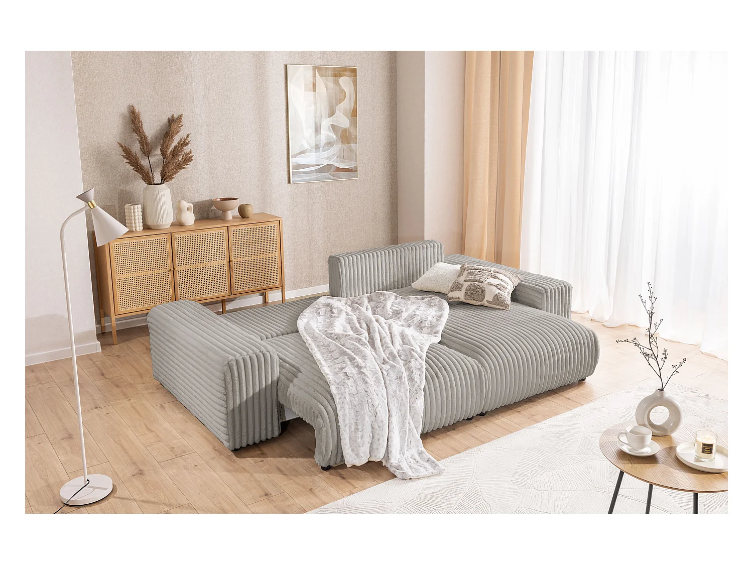 Mollis - Ecksofa mit Schlaffunktion und Bettkasten aus Hellgrau Plüschcord mit schöner Sitzkomfort