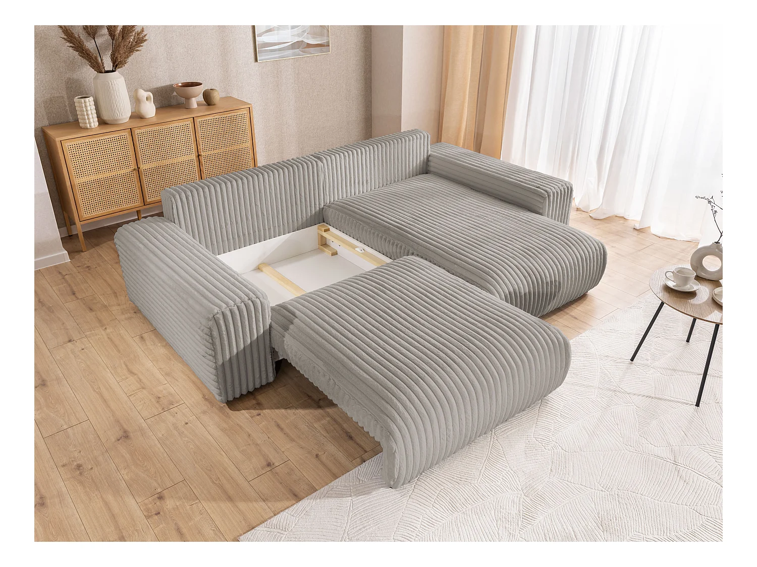 Mollis - Ecksofa mit Schlaffunktion und Bettkasten aus Hellgrau Plüschcord mit schöner Sitzkomfort