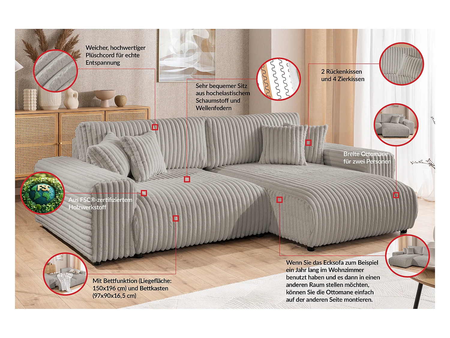 Mollis - Ecksofa mit Schlaffunktion und Bettkasten aus Hellgrau Plüschcord mit schöner Sitzkomfort