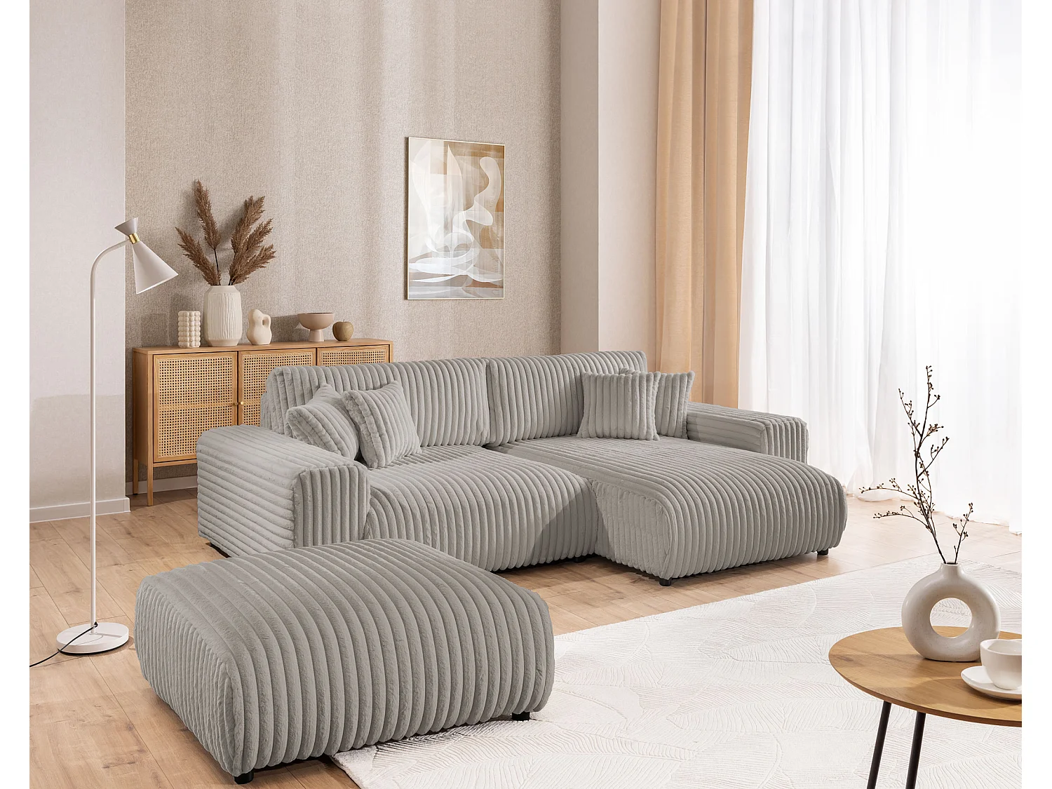 Mollis - Ecksofa mit Schlaffunktion und Bettkasten aus Hellgrau Plüschcord mit schöner Sitzkomfort