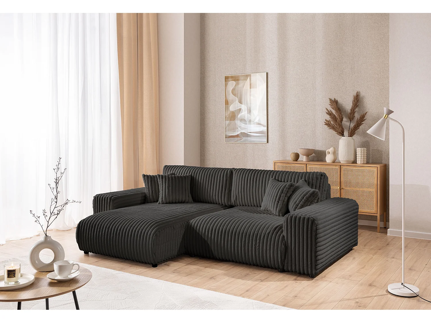 Mollis - Ecksofa mit Schlaffunktion und Bettkasten aus Dunkelgrau Plüschcord mit schöner Sitzkomfort