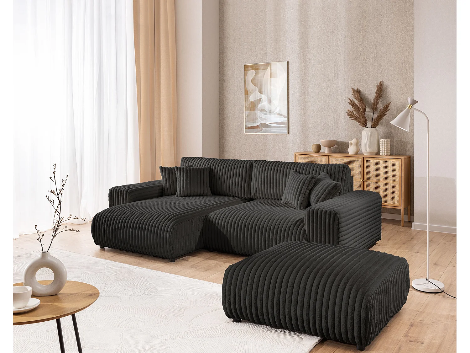 Mollis - Ecksofa mit Schlaffunktion und Bettkasten aus Dunkelgrau Plüschcord mit schöner Sitzkomfort