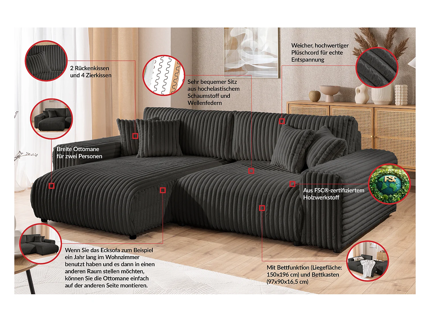 Mollis - Ecksofa mit Schlaffunktion und Bettkasten aus Dunkelgrau Plüschcord mit schöner Sitzkomfort