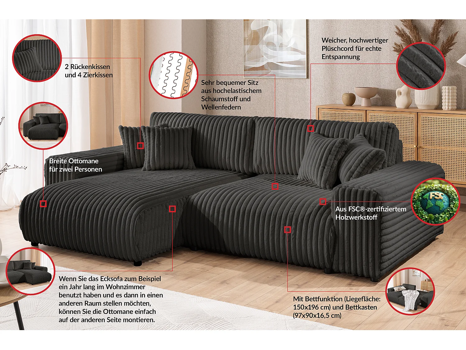 Mollis - Ecksofa mit Schlaffunktion und Bettkasten aus Dunkelgrau Plüschcord mit schöner Sitzkomfort