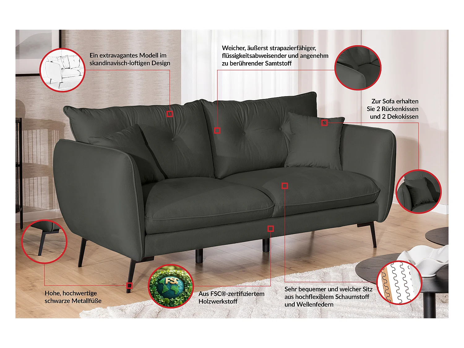 Canapé droit 3 places en tissu avec de hauts pieds en métal noir Nordloft