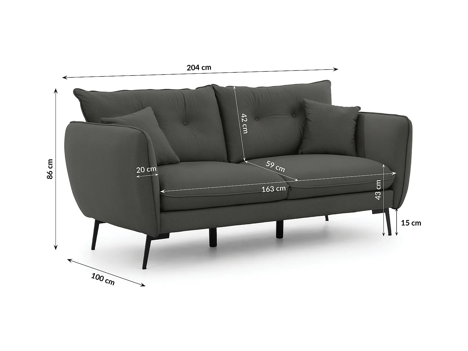 Canapé droit 3 places en tissu avec de hauts pieds en métal noir Nordloft