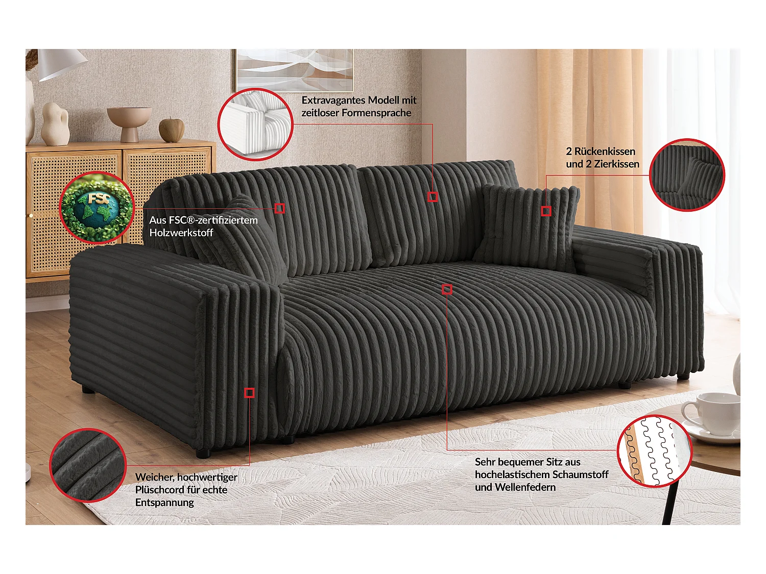 Mollis - Sofa 2 Sitzer aus Plüschcord mit schöner Sitzkomfort