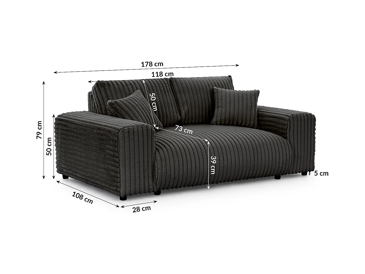 Mollis - Sofa 2 Sitzer aus Plüschcord mit schöner Sitzkomfort