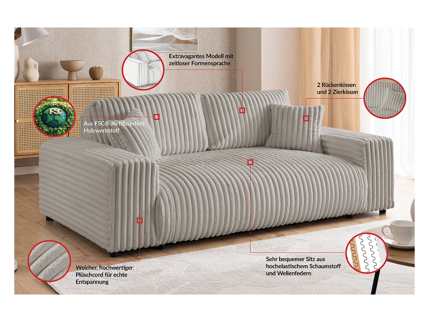 Mollis - Sofa 2 Sitzer aus Plüschcord mit schöner Sitzkomfort