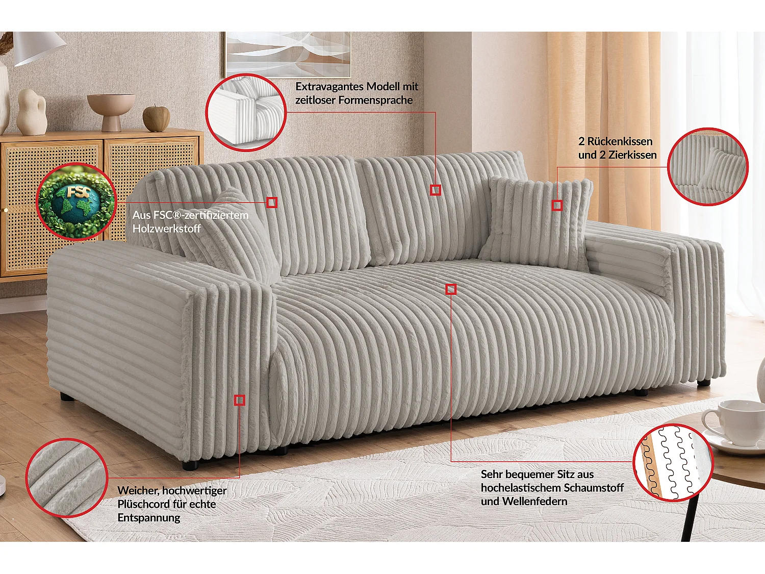 Mollis - Sofa 2 Sitzer aus Plüschcord mit schöner Sitzkomfort