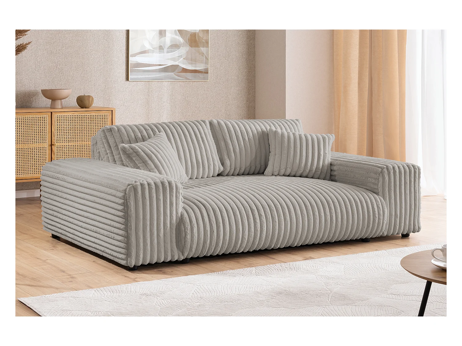 Mollis - Sofa 3 Sitzer aus Hellgrau Plüschcord