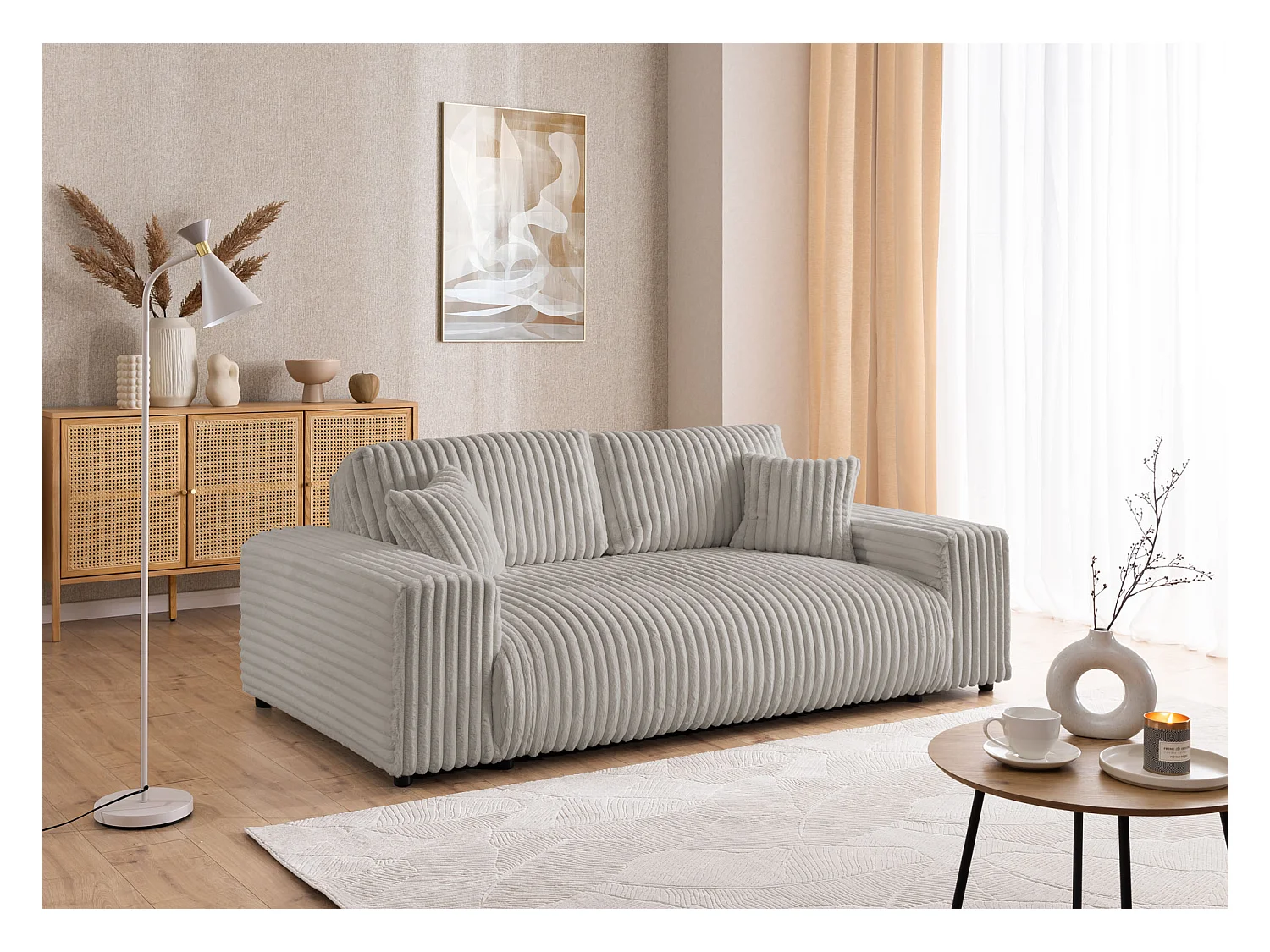 Mollis - Sofa 3 Sitzer aus Hellgrau Plüschcord