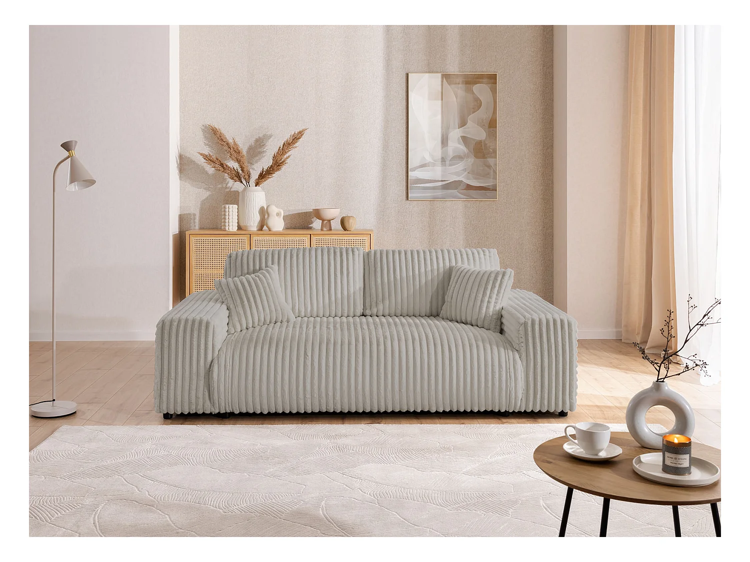 Mollis - Sofa 3 Sitzer aus Hellgrau Plüschcord