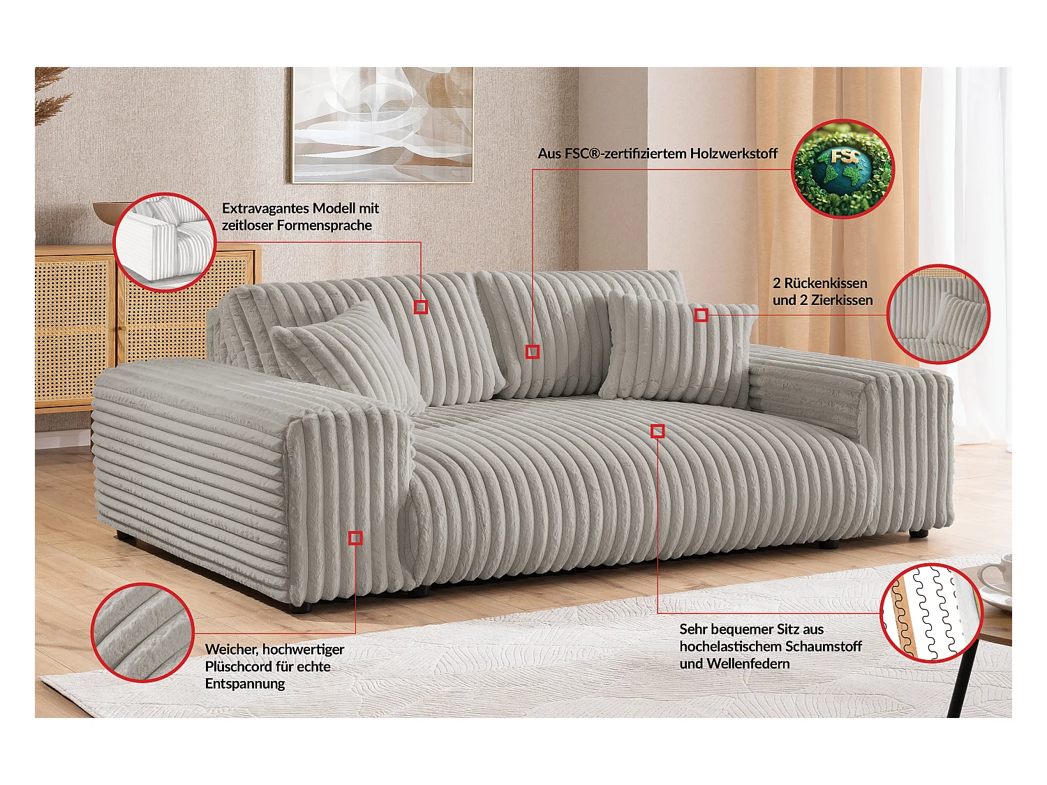 Mollis - Sofa 3 Sitzer aus Hellgrau Plüschcord