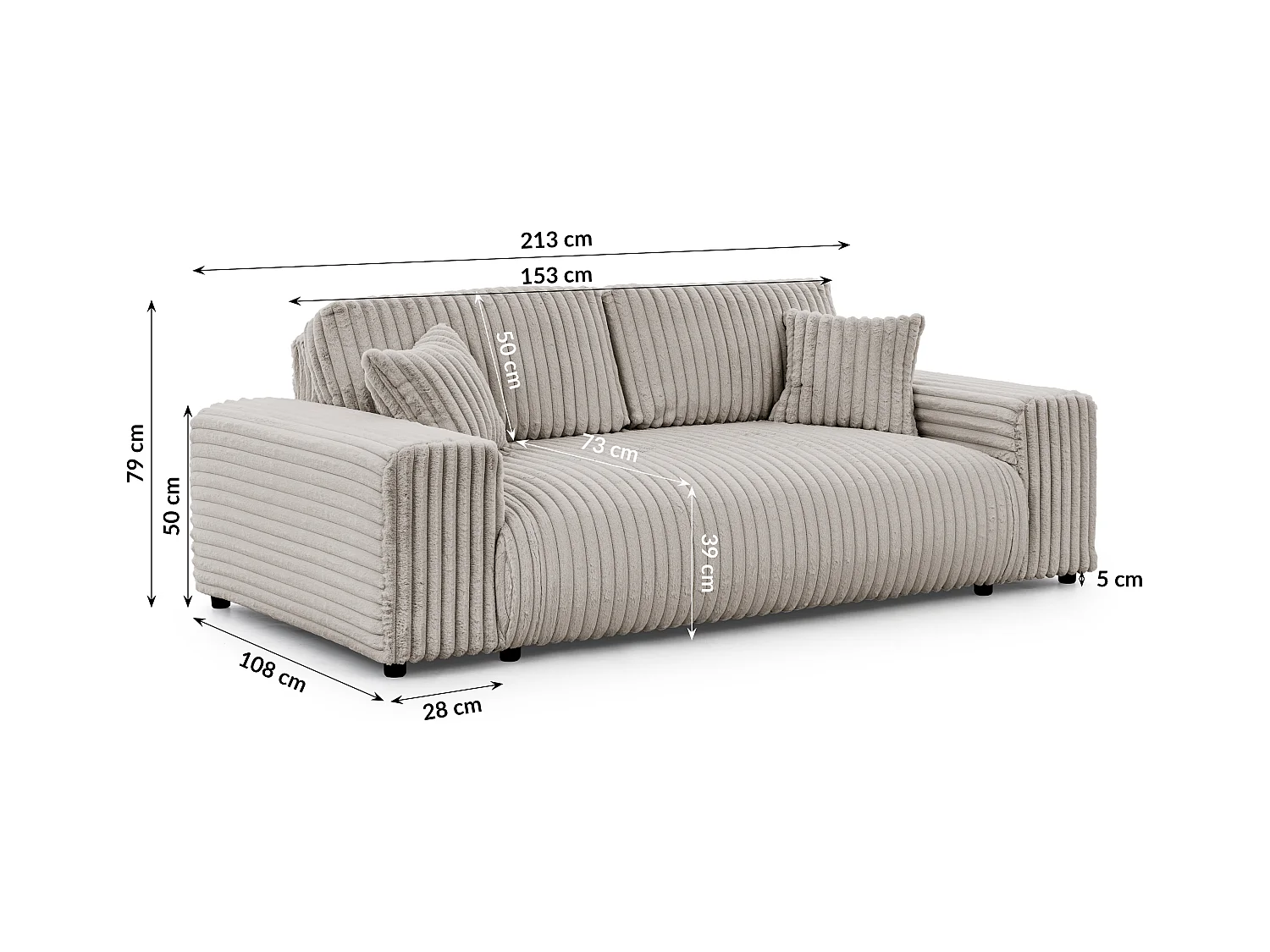 Mollis - Sofa 3 Sitzer aus Hellgrau Plüschcord