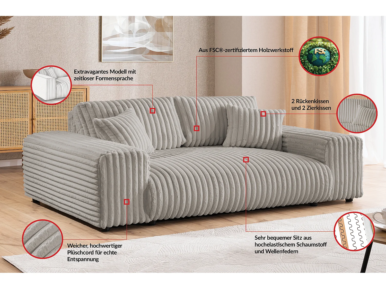 Mollis - Sofa 3 Sitzer aus Hellgrau Plüschcord