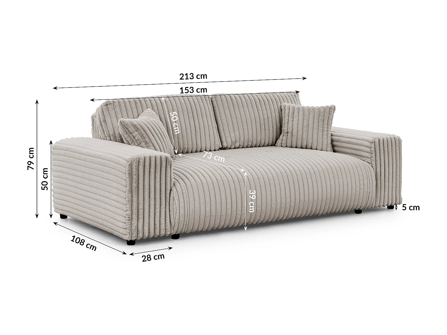Mollis - Sofa 3 Sitzer aus Hellgrau Plüschcord