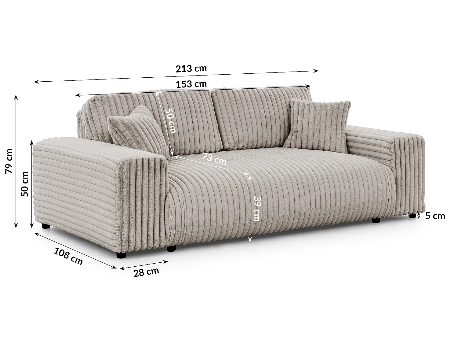 Mollis - Sofa 3 Sitzer aus Hellgrau Plüschcord