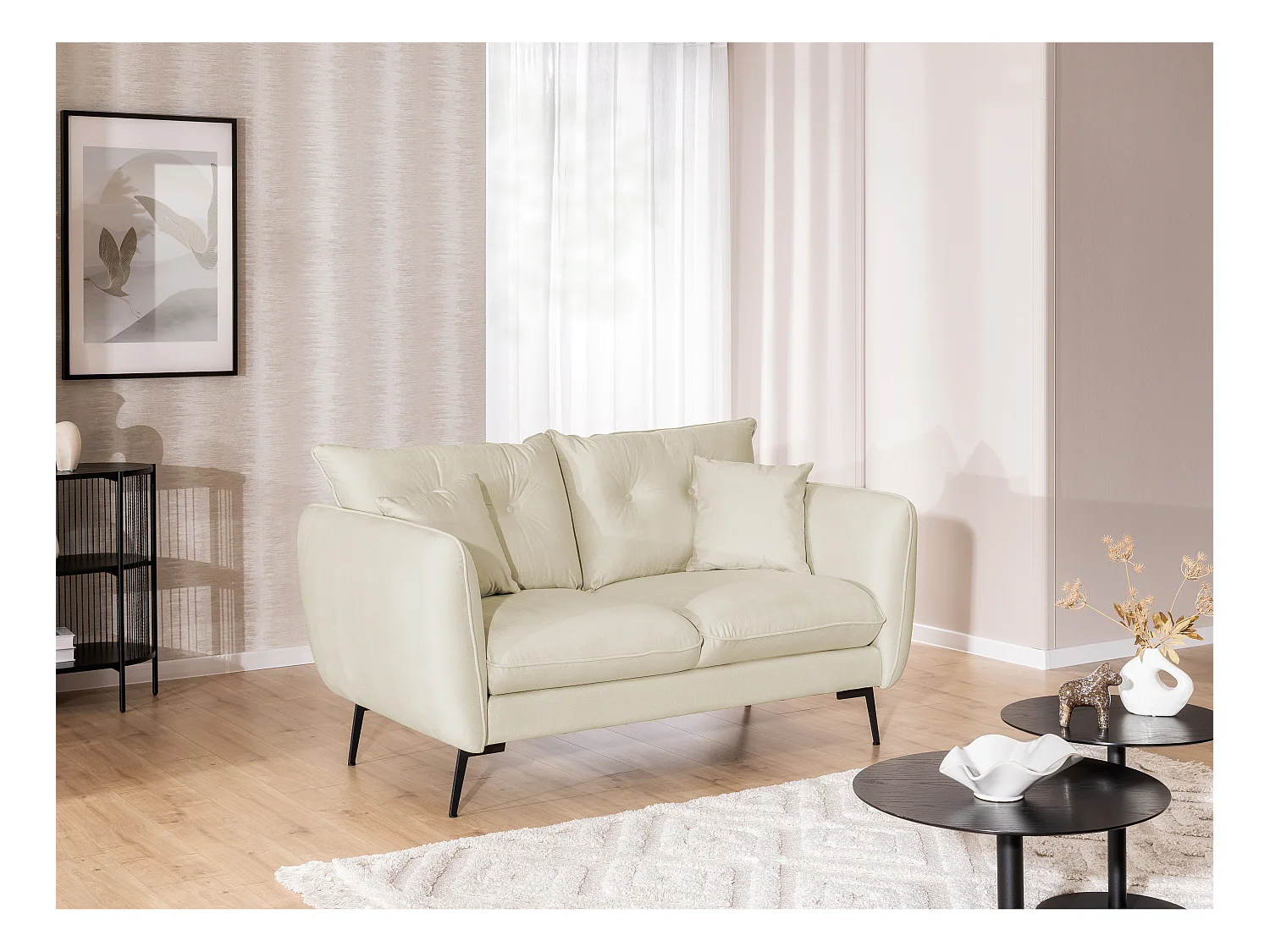 Canapé droit 2 places en tissu avec de hauts pieds en métal noir Nordloft