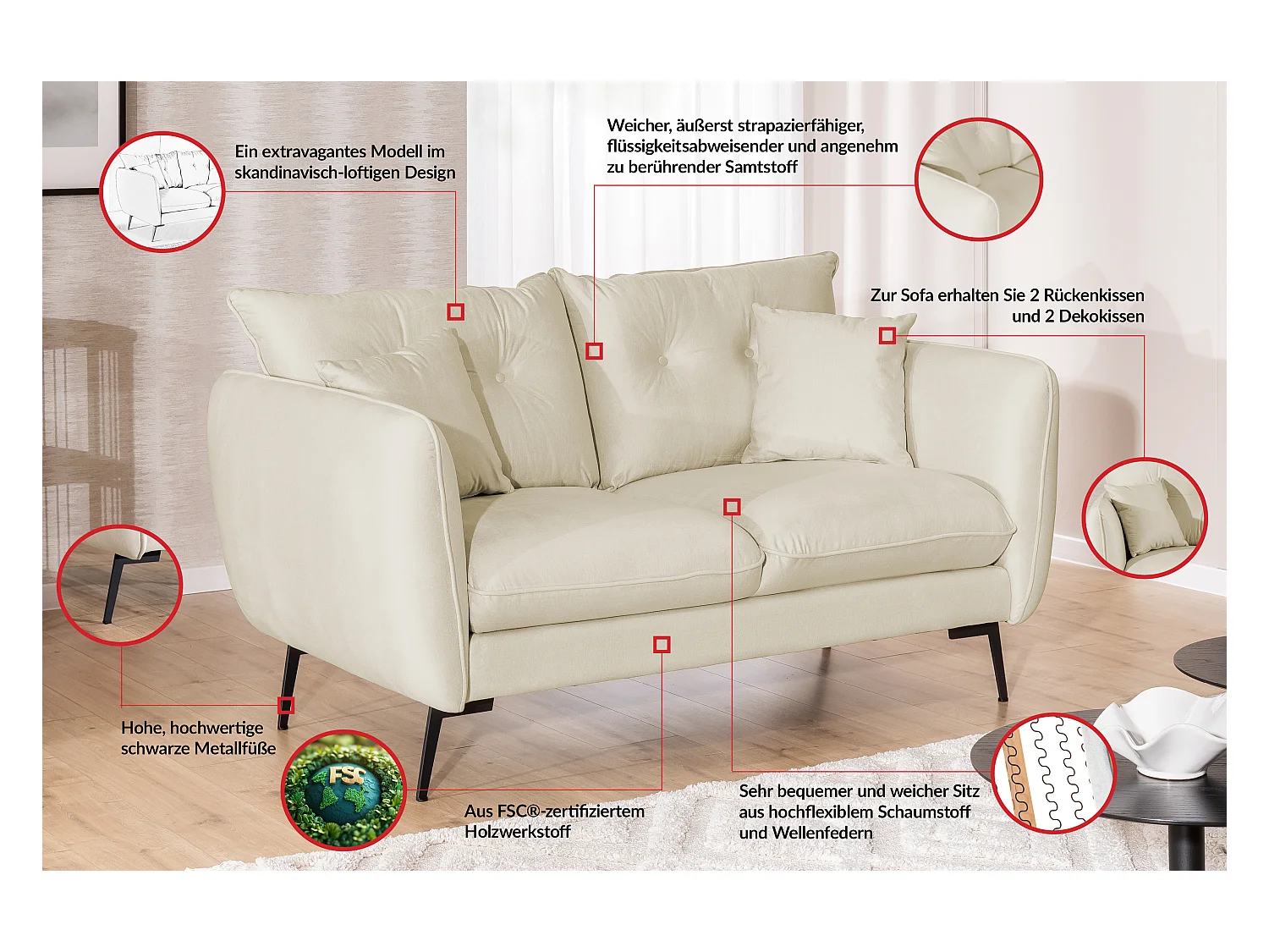 Canapé droit 2 places en tissu avec de hauts pieds en métal noir Nordloft