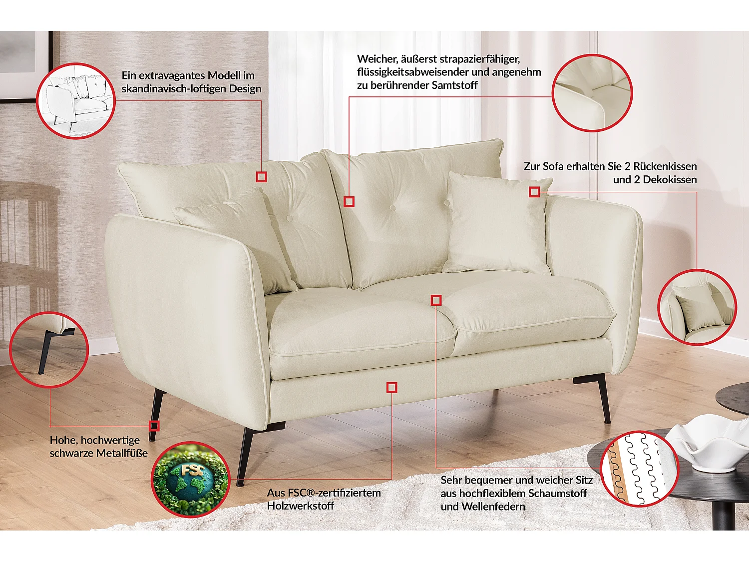 Nordloft - Modernes Sofa 2-Sitzer aus Beige Samt-Stoff mit Hohen Schwarzen Metallfüßen und schöner Sitzkomfort