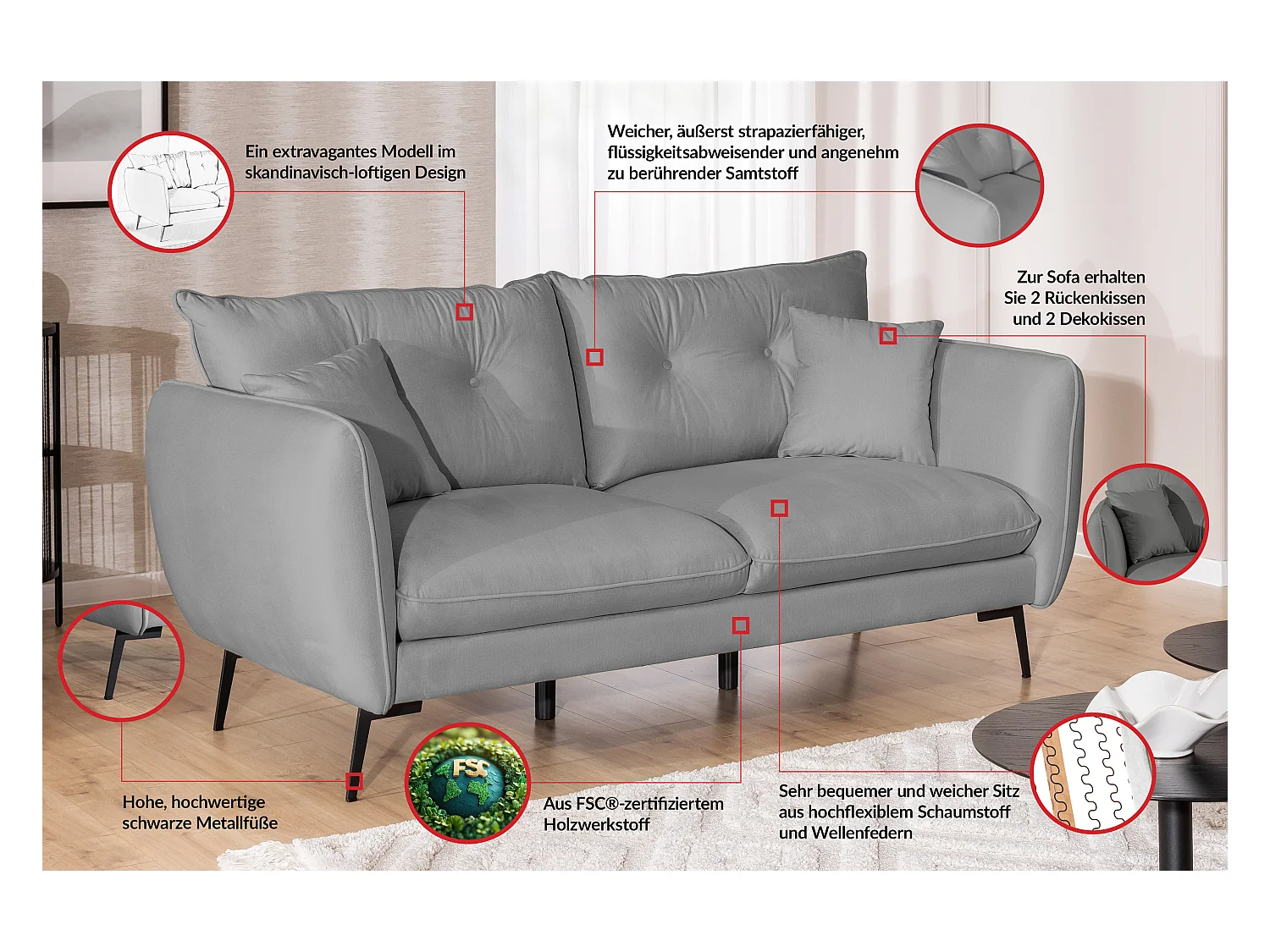 Canapé droit 3 places en tissu avec de hauts pieds en métal noir Nordloft