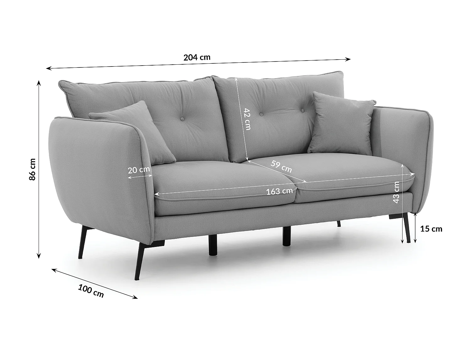 Nordloft - Modernes Sofa 3-Sitzer aus Hellgrau Samt-Stoff mit Hohen Schwarzen Metallfüßen und schöner Sitzkomfort