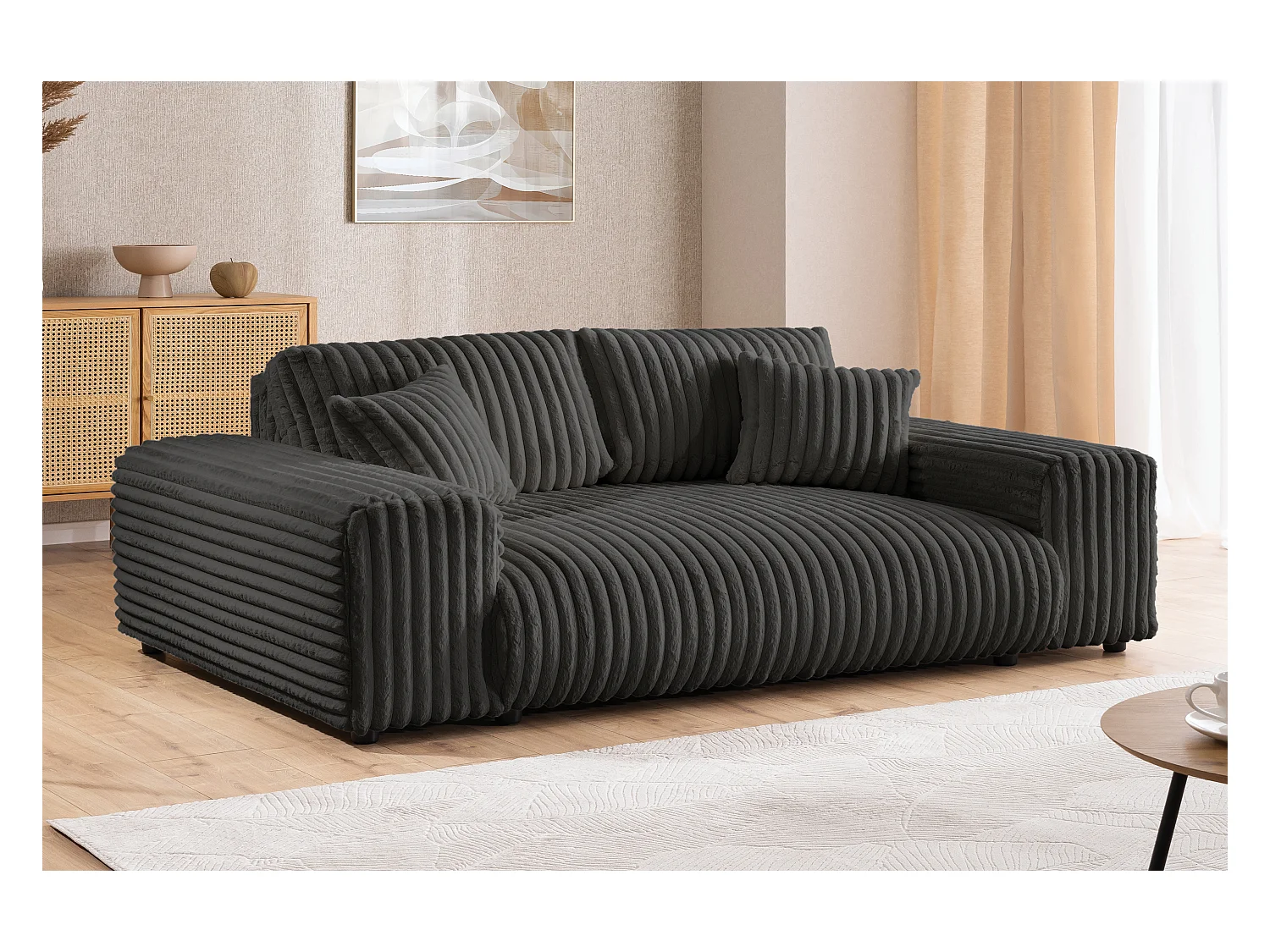 Mollis - Sofa 3 Sitzer aus Dunkelgrau Plüschcord mit schöner Sitzkomfort