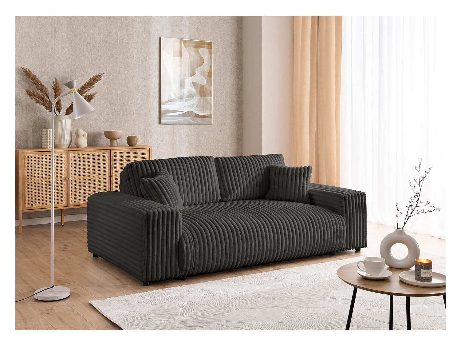 Mollis - Sofa 3 Sitzer aus Dunkelgrau Plüschcord mit schöner Sitzkomfort