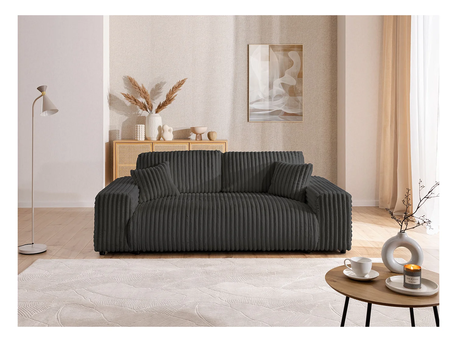 Mollis - Sofa 3 Sitzer aus Dunkelgrau Plüschcord mit schöner Sitzkomfort