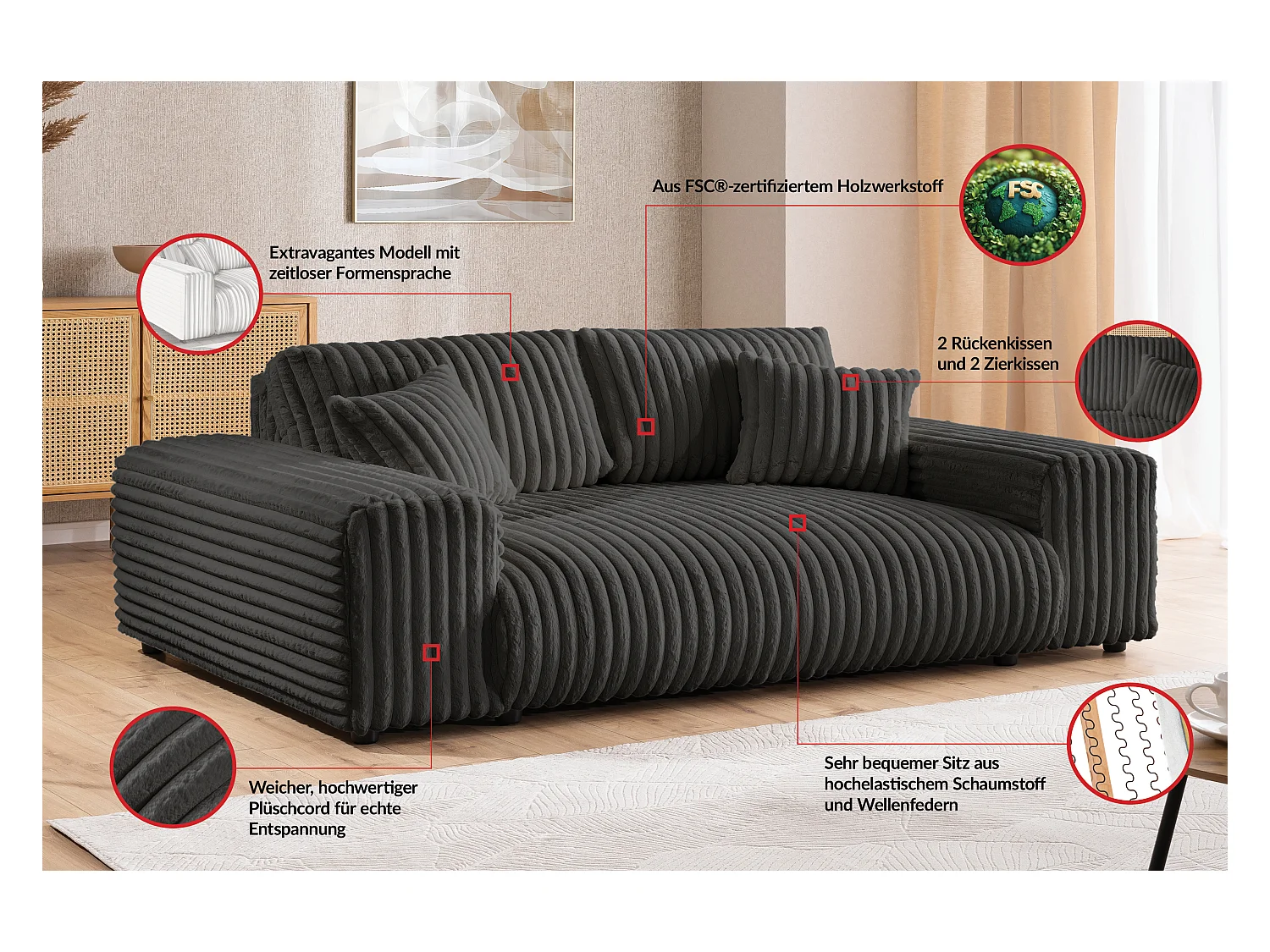 Mollis - Sofa 3 Sitzer aus Dunkelgrau Plüschcord mit schöner Sitzkomfort