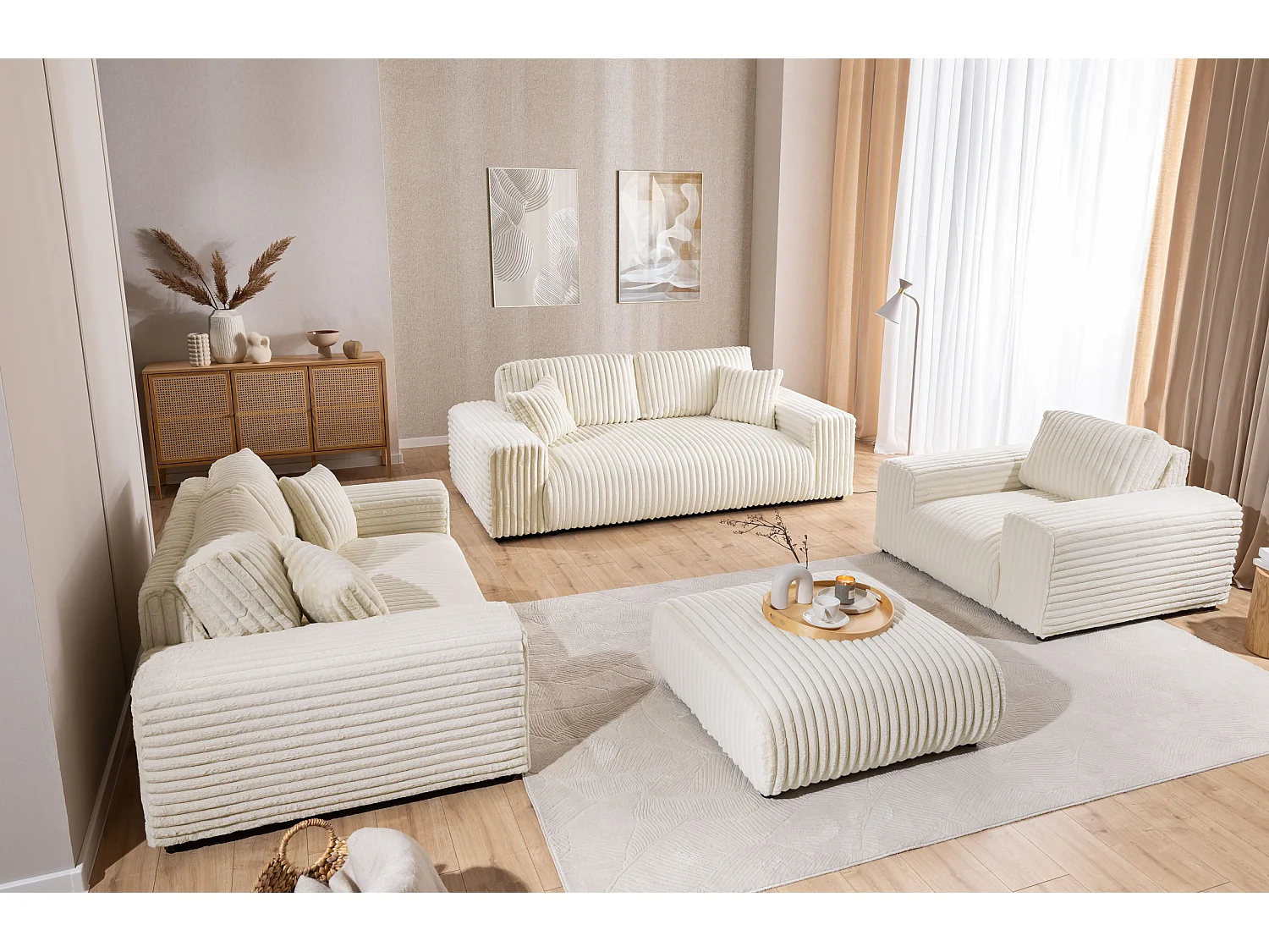 Mollis - Sofa 3 Sitzer aus Hellbeige Plüschcord mit schöner Sitzkomfort